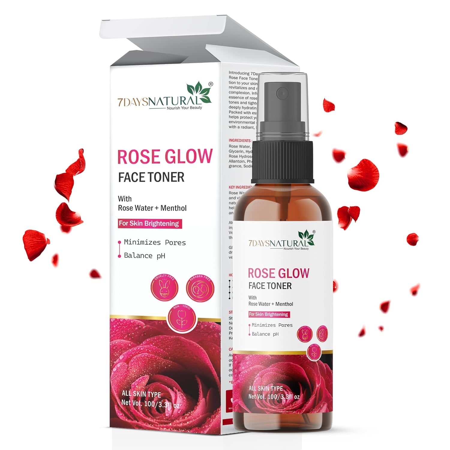 7DAYSNATURAL Rose Water Face Glow Toner with Rose Water & Cucumber Extract for Pore Tightening - 100ml (Pack of -1)
