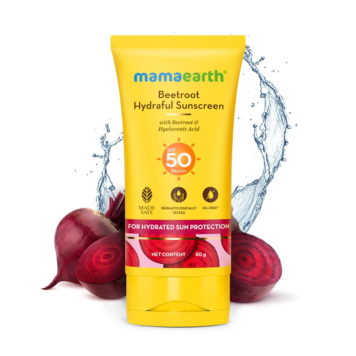 Mamaearth Beetroot Hydraful Sunscreen With Hyaluronic Acid | SPF 50 & PA++++ | UVA & B Protection | Tan Protection | Hydrates Skin | No white cast | For Oily, Combination & Dry Skin | 50 g